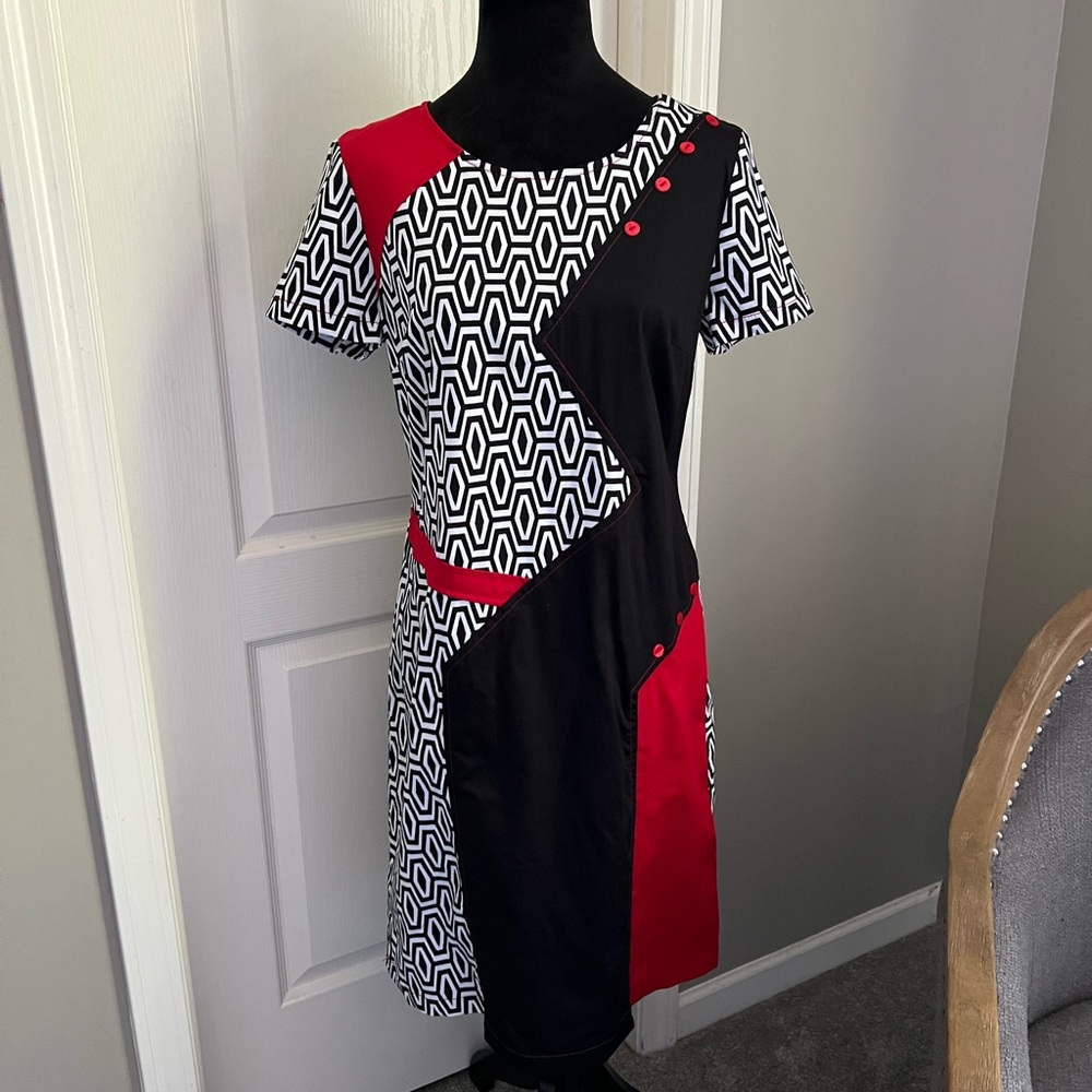 Geometric Red and Black Midi Dress